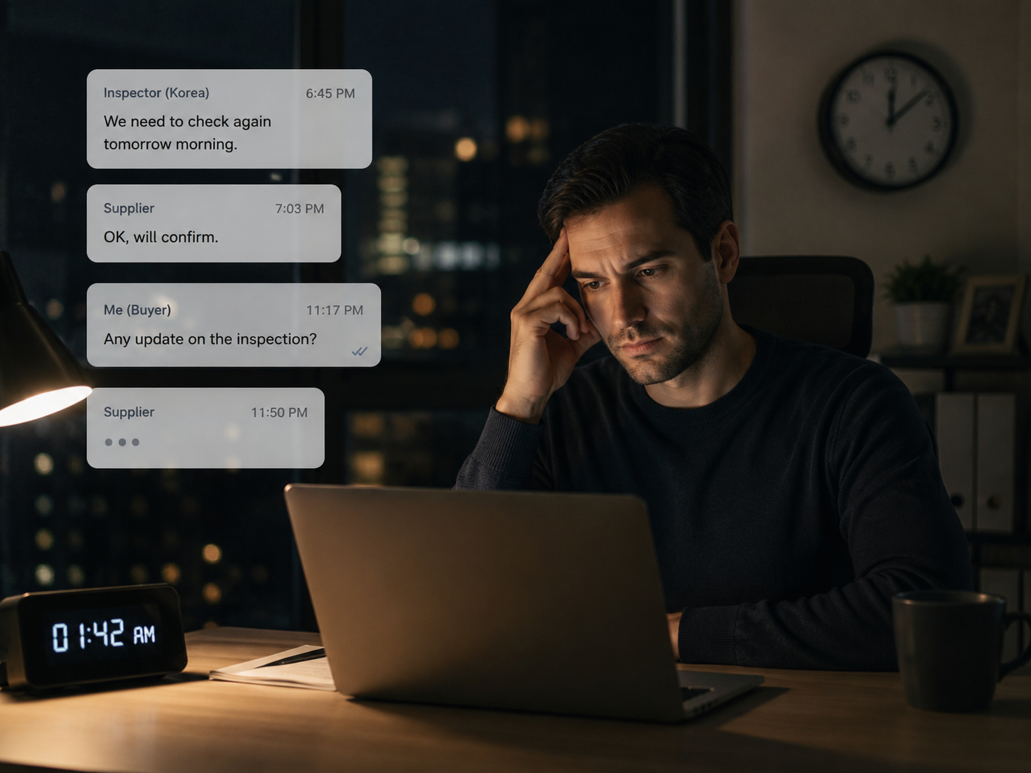 Overseas buyer on a laptop at night