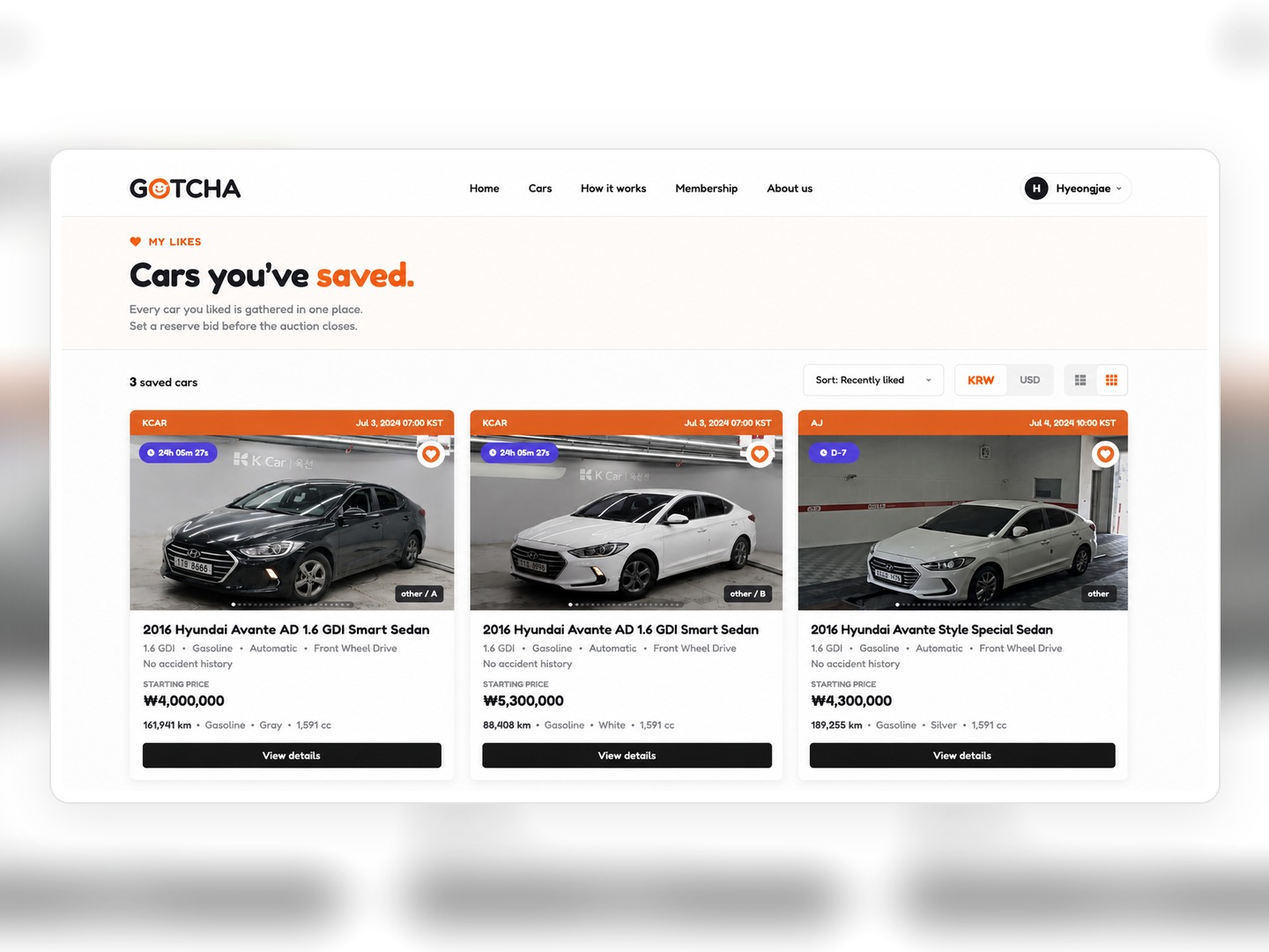 My Likes — shortlisted cars side by side