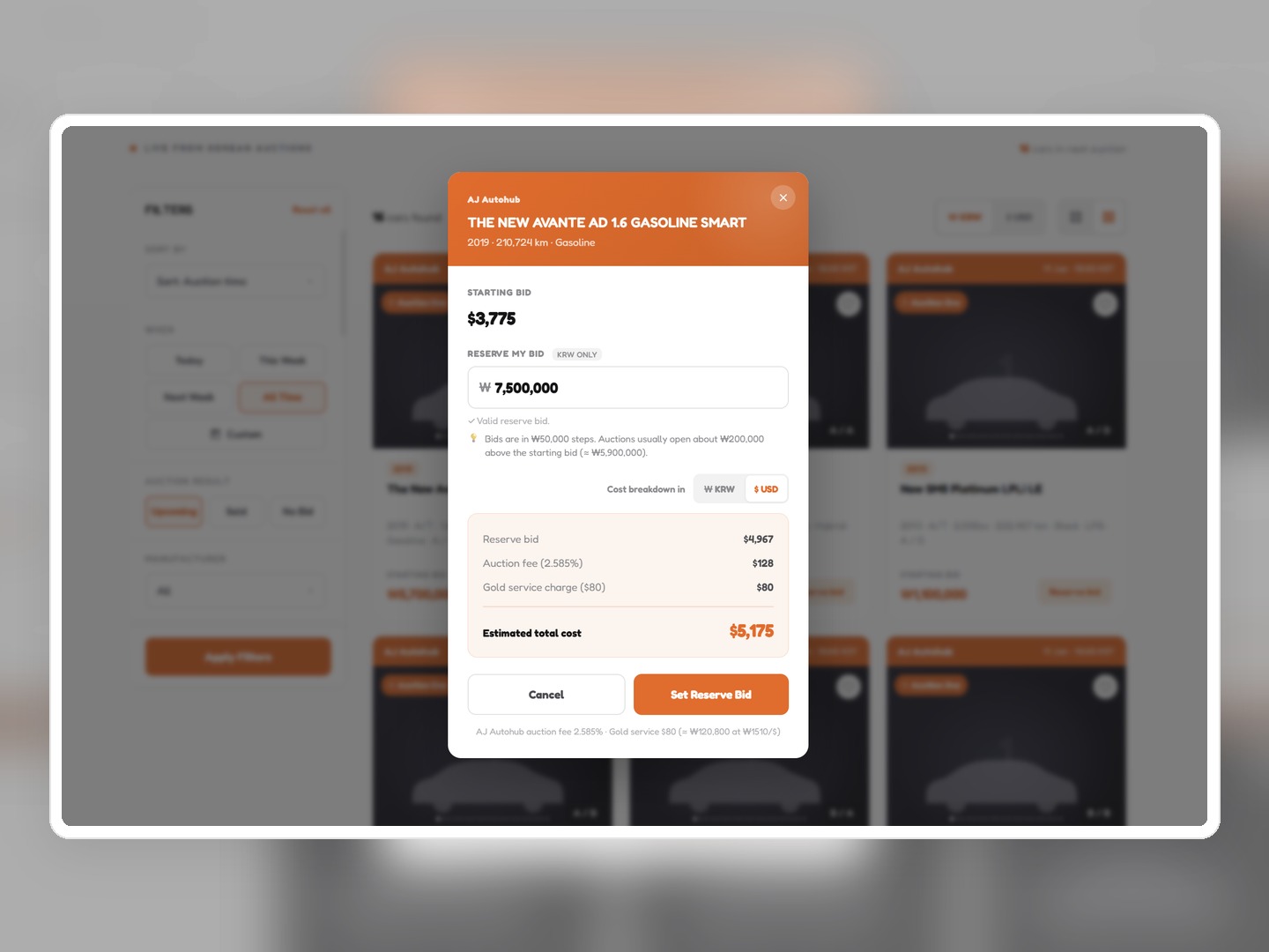 My Bids — max bid per vehicle