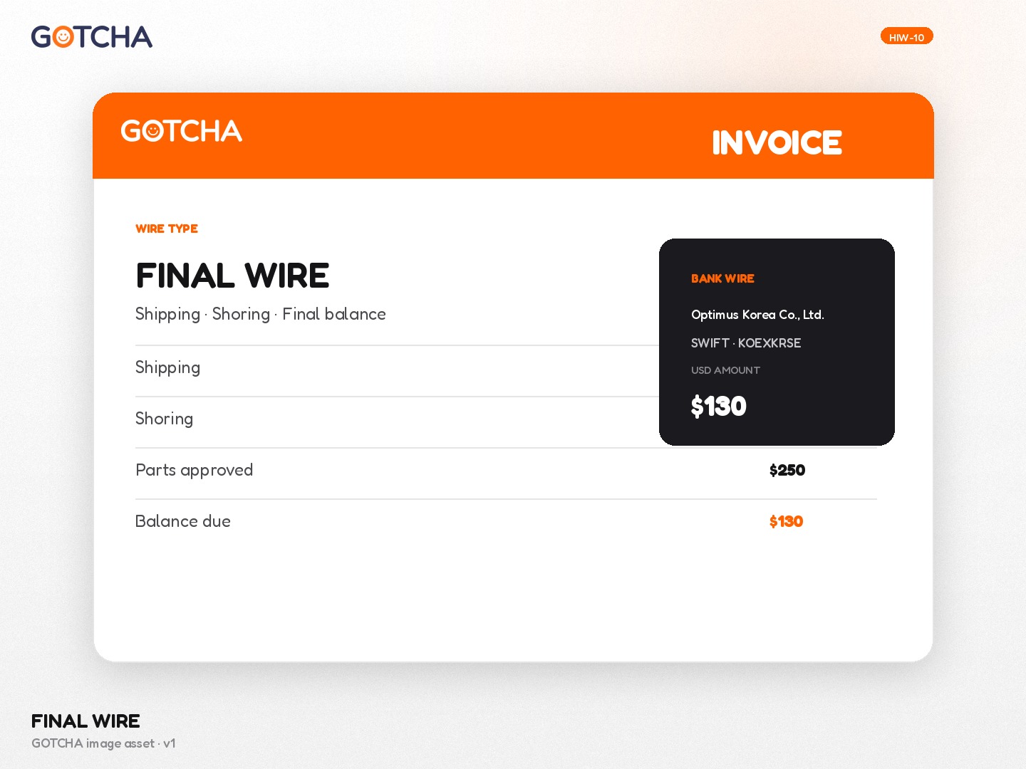 GOTCHA final reconciliation invoice — shipping, parts, shoring