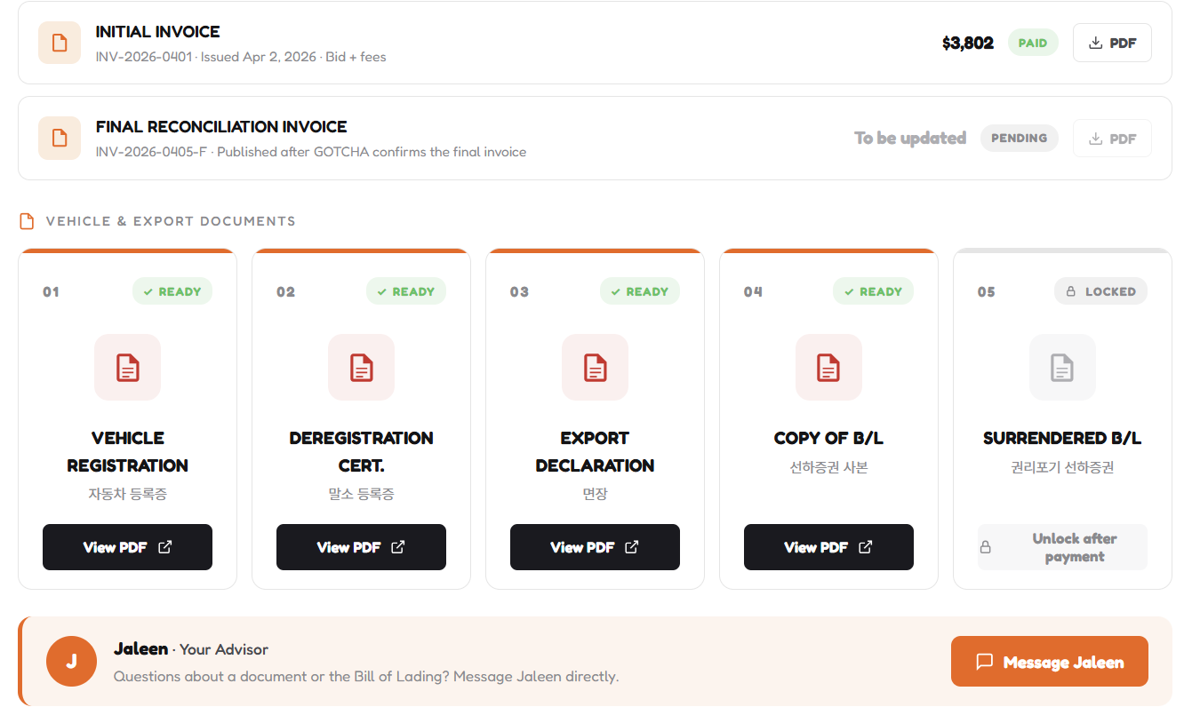 Documents — payment invoices and export papers with Surrendered B/L